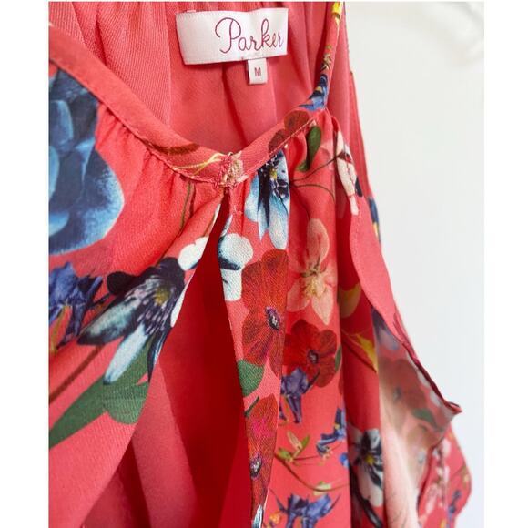 Parker Pink Floral Print Keyhole Ruffle Tank Top - M - Picture 4 of 13